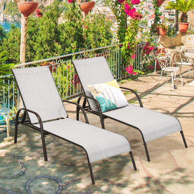 2-Piece Gray Outdoor Patio Lounge Chairs with Adjustable Reclining Armrests designed for ultimate comfort, showcased in a vibrant outdoor setting with flowers and beach views.