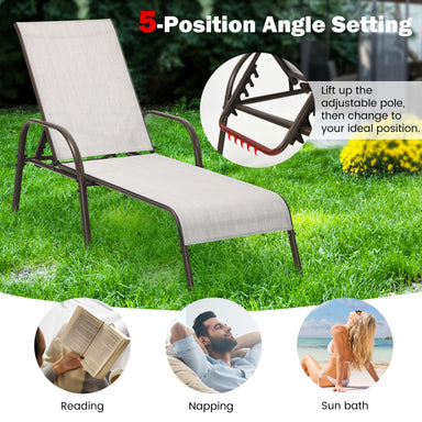 Adjustable Chaise Lounge Chair for Patio featuring a 5-position angle setting, perfect for reading, napping, or sunbathing outdoors.
