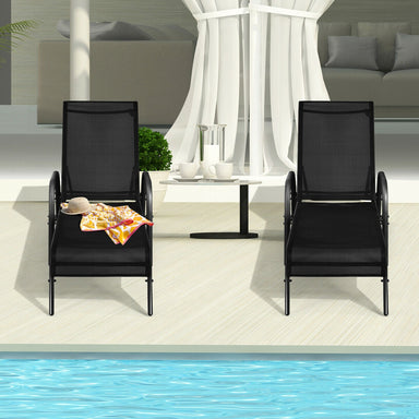 Stylish 2-Piece Black Adjustable Reclining Outdoor Patio Chaise Lounge Chairs by Dream Yard Oasis ™ near a poolside, featuring a modern design with towels and decor.