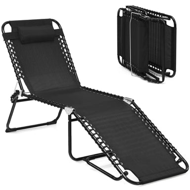 Adjustable Folding Beach Lounge Chair with Pillow, featuring a sleek black design. Shown in a folded position alongside its unfolded state.