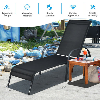 5-Position Adjustable Black Patio Chaise Lounge Chair with Breathable Fabric & Steel Frame beside a table with drinks, showcasing its ergonomic design and compact appearance.