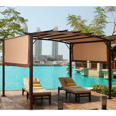 12' x 9' Outdoor Pergola with Retractable Canopy for Shade & Weather Protection, set up near a pool with comfortable lounge chairs.