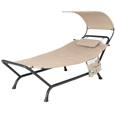 Beige Patio Hanging Chaise Lounge Chair with Canopy, Cushion, and Storage Bag - Comfortable Outdoor Relaxation, showcasing a stylish design with a thick cushion and built-in storage pocket.