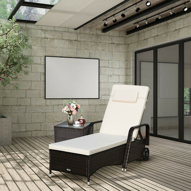 Adjustable Outdoor Chaise Lounge Chair with Cushions shown in a stylish indoor setting, featuring six positions for lounging, weatherproof rattan material, and convenient wheels.