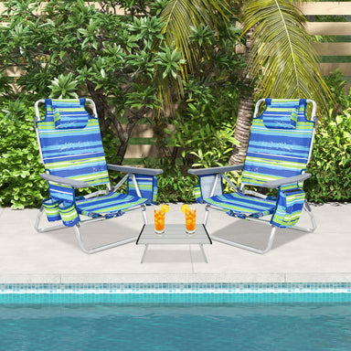 Dream Yard Oasis 2-Pack 5-Position Folding Beach Chairs with Table set by a pool, featuring blue and green striped fabric and beverages on the table, perfect for outdoor relaxation.