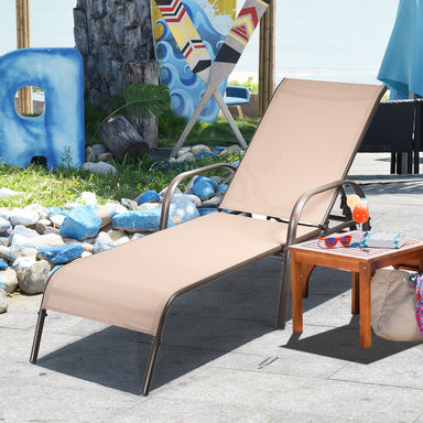 Adjustable Patio Chaise Lounge Chair - Outdoor Folding Recliner with 5 Positions in brown, placed in a vibrant outdoor setting with colorful art and a small table.