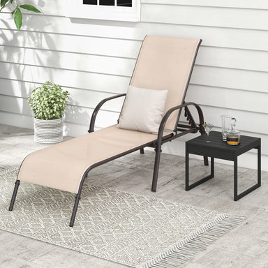 Adjustable Patio Chaise Lounge Chair - Outdoor Folding Recliner with 5 Positions in brown, positioned on a patio alongside a small table and decorative plant.