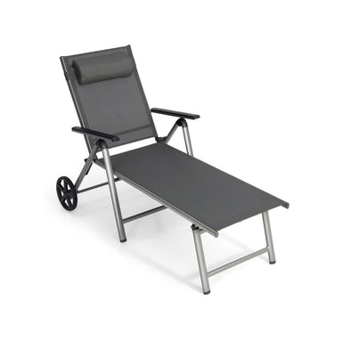 7-Level Adjustable Folding Patio Chaise Lounge Chair with Wheels showcasing its lightweight aluminum frame and quick-dry fabric, perfect for outdoor relaxation.