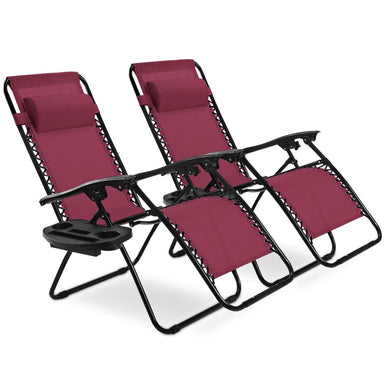 Close-up view of 2-Piece Wine Zero Gravity Folding Lounge Chairs with Cup Holders by Dream Yard Oasis ™, highlighting the durable steel frame and relaxing design.
