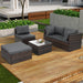 Dream Yard Oasis™ 5-Piece Brown PE Wicker Patio Furniture Set for 4, showcasing the arrangement of a sofa, two chairs, and a coffee table in a sunny backyard.