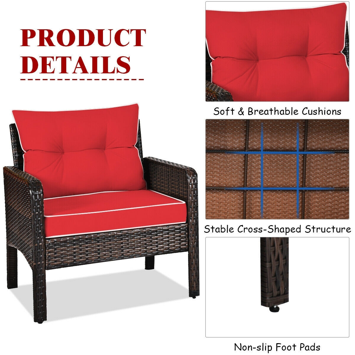 3-Piece Outdoor Patio Rattan Conversation Set with Red Cushions, emphasizing product details like soft cushions and non-slip foot pads.