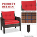 3-Piece Outdoor Patio Rattan Conversation Set with Red Cushions, emphasizing product details like soft cushions and non-slip foot pads.