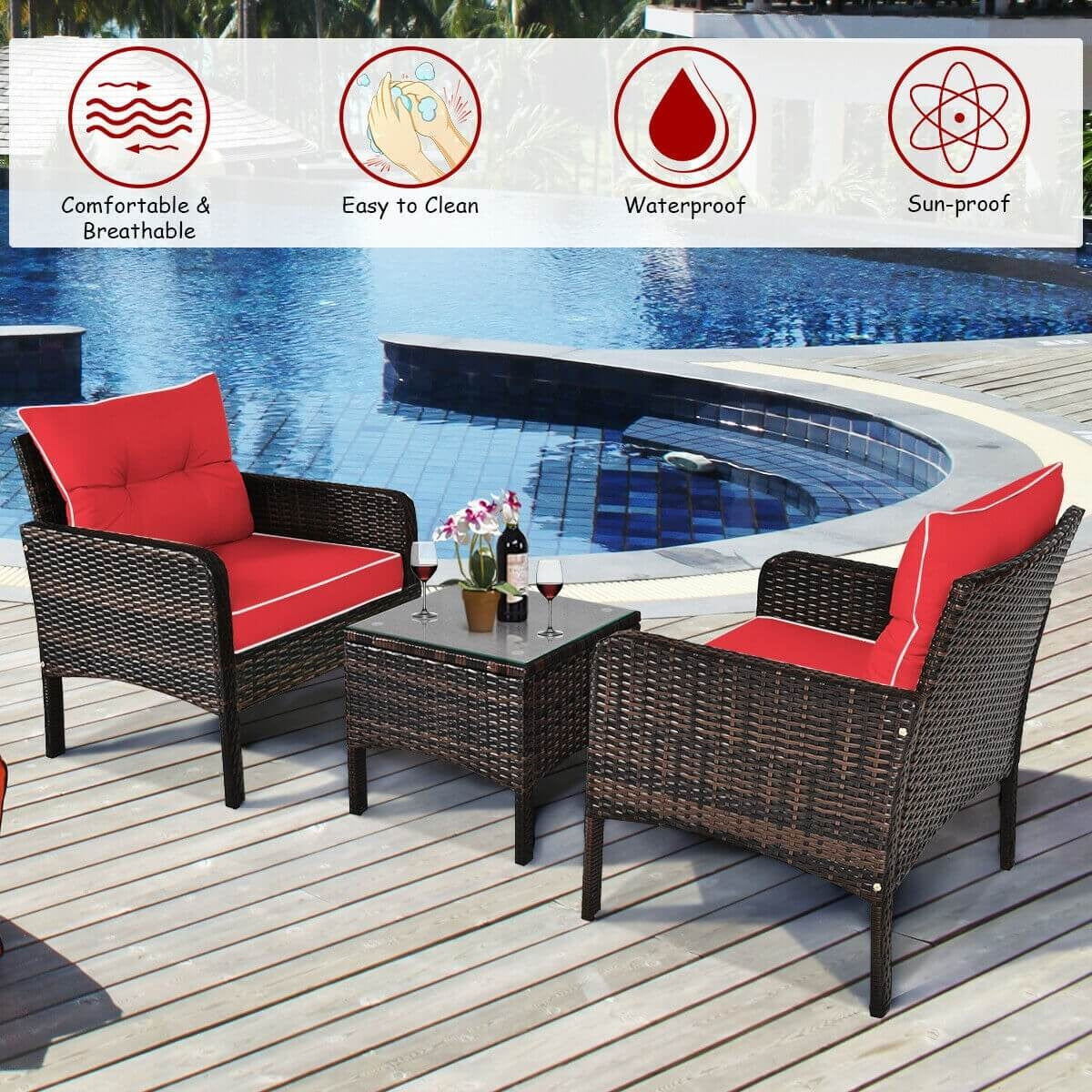3-Piece Outdoor Patio Rattan Conversation Set with Red Cushions, positioned by a pool with easy-to-clean features highlighted.