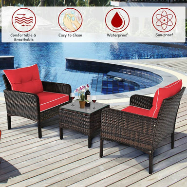 3-Piece Outdoor Patio Rattan Conversation Set with Red Cushions, positioned by a pool with easy-to-clean features highlighted.