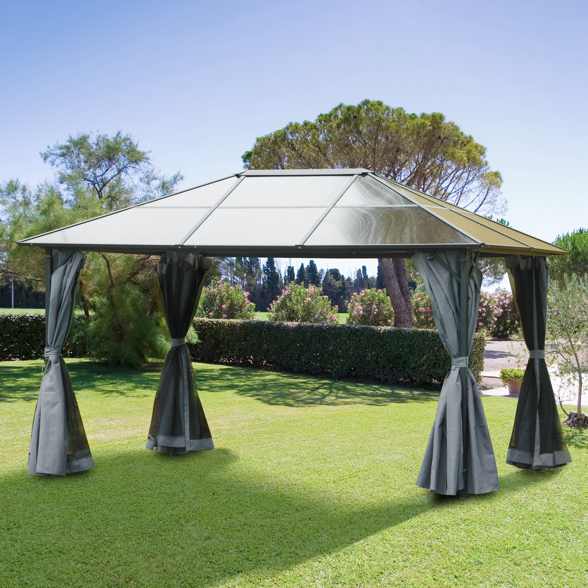 Outsunny 13' x 10' Aluminum Hardtop Gazebo with Canopy, Netting & Curtains in Grey set up in a sunny outdoor space with curtains pulled back.