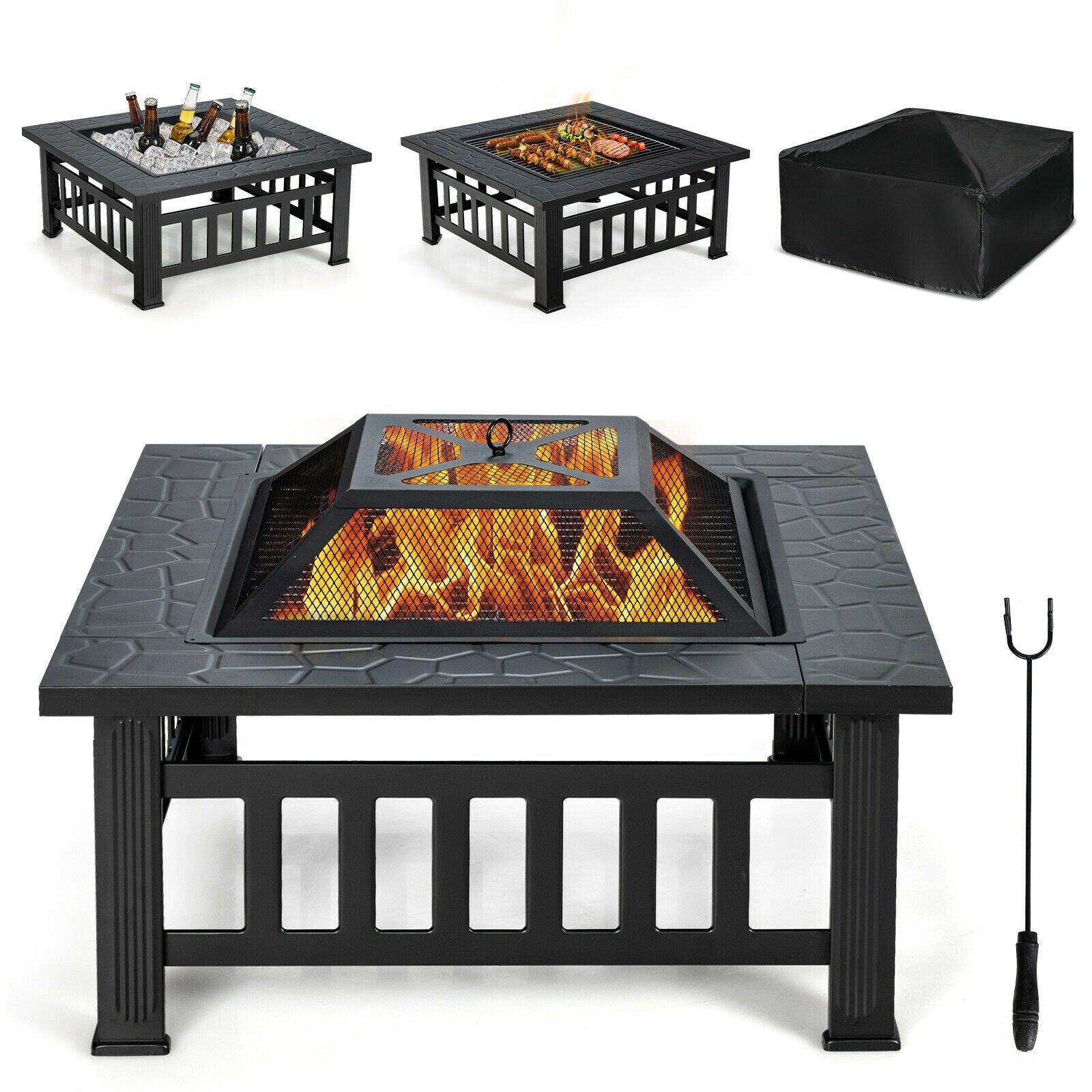 32-Inch 3-In-1 Outdoor Square Fire Pit Table with BBQ Grill, Ice Bucket & Rain Cover displaying various uses including grilling, chilling drinks, and creating a cozy fire.