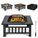 32-Inch 3-In-1 Outdoor Square Fire Pit Table with BBQ Grill, Ice Bucket & Rain Cover displaying various uses including grilling, chilling drinks, and creating a cozy fire.