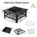 Dimensions and weight capacity of the 32-Inch 3-In-1 Outdoor Square Fire Pit Table with BBQ Grill, Ice Bucket & Rain Cover detailed in an informative graphic.