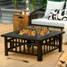 32-Inch 3-In-1 Outdoor Square Fire Pit Table with BBQ Grill, Ice Bucket & Rain Cover featuring a cozy fire burning inside a stylish fire pit, surrounded by comfy outdoor seating.