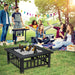 Social gathering around the 32-Inch 3-In-1 Outdoor Square Fire Pit Table with BBQ Grill, Ice Bucket & Rain Cover, enjoying drinks and barbecue in a lively outdoor setting.