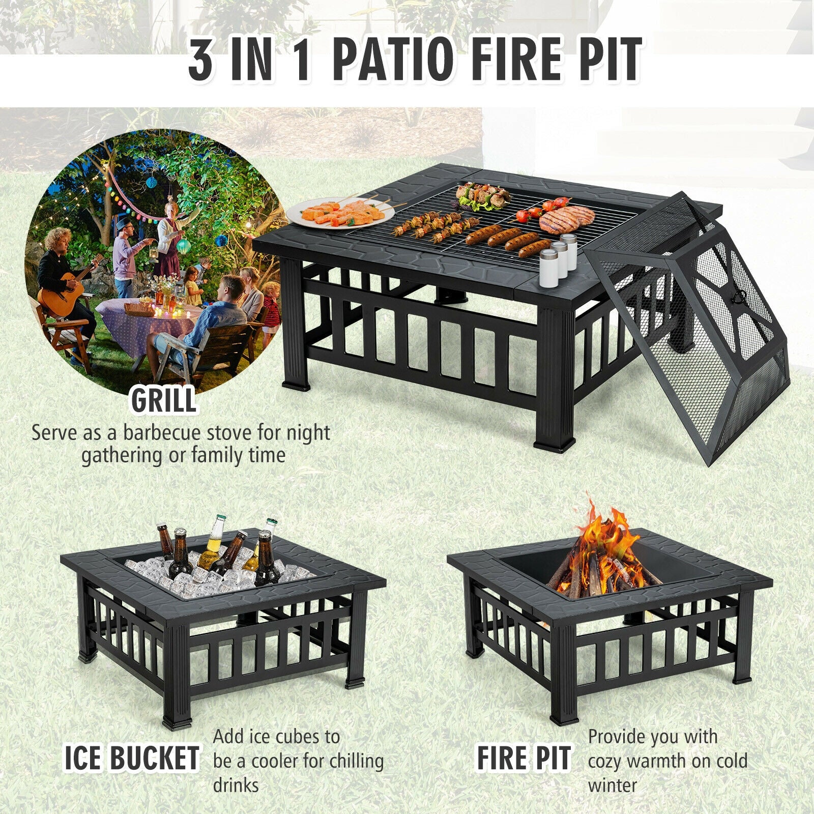 3-In-1 Outdoor Square Fire Pit Table showcasing its multifunctional features: BBQ grill, ice bucket, and fire pit, perfect for outdoor gatherings and cozy evenings.