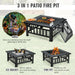 3-In-1 Outdoor Square Fire Pit Table showcasing its multifunctional features: BBQ grill, ice bucket, and fire pit, perfect for outdoor gatherings and cozy evenings.