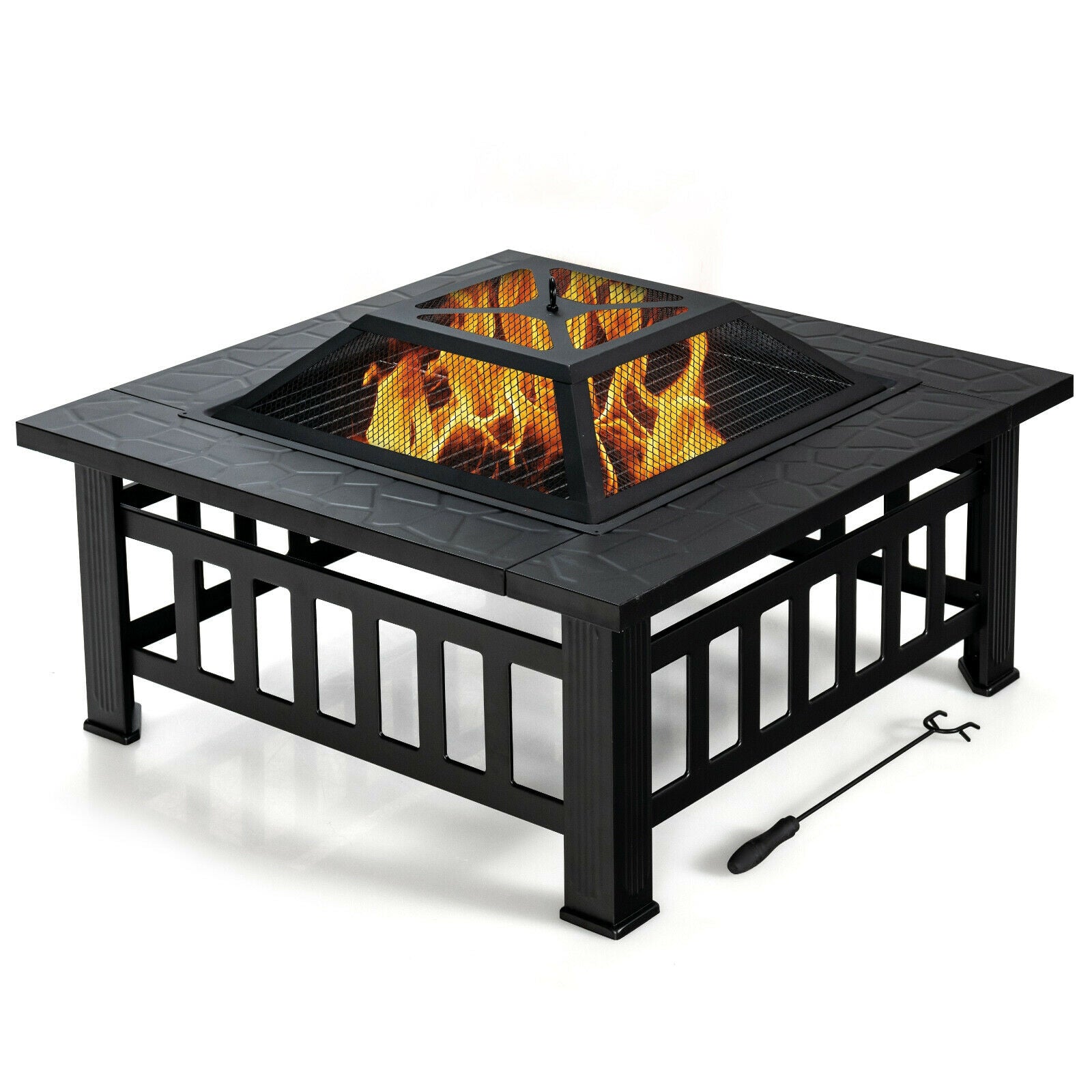 32-Inch 3-In-1 Outdoor Square Fire Pit Table with BBQ Grill, Ice Bucket & Rain Cover lit with a warm fire, showcasing its functionality.