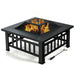 32-Inch 3-In-1 Outdoor Square Fire Pit Table with BBQ Grill, Ice Bucket & Rain Cover lit with a warm fire, showcasing its functionality.