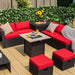 Outdoor living space featuring a 30-inch square propane gas fire pit table with ceramic tabletop from Dream Yard Oasis™, surrounded by stylish seating with red cushions, perfect for cozy gatherings.