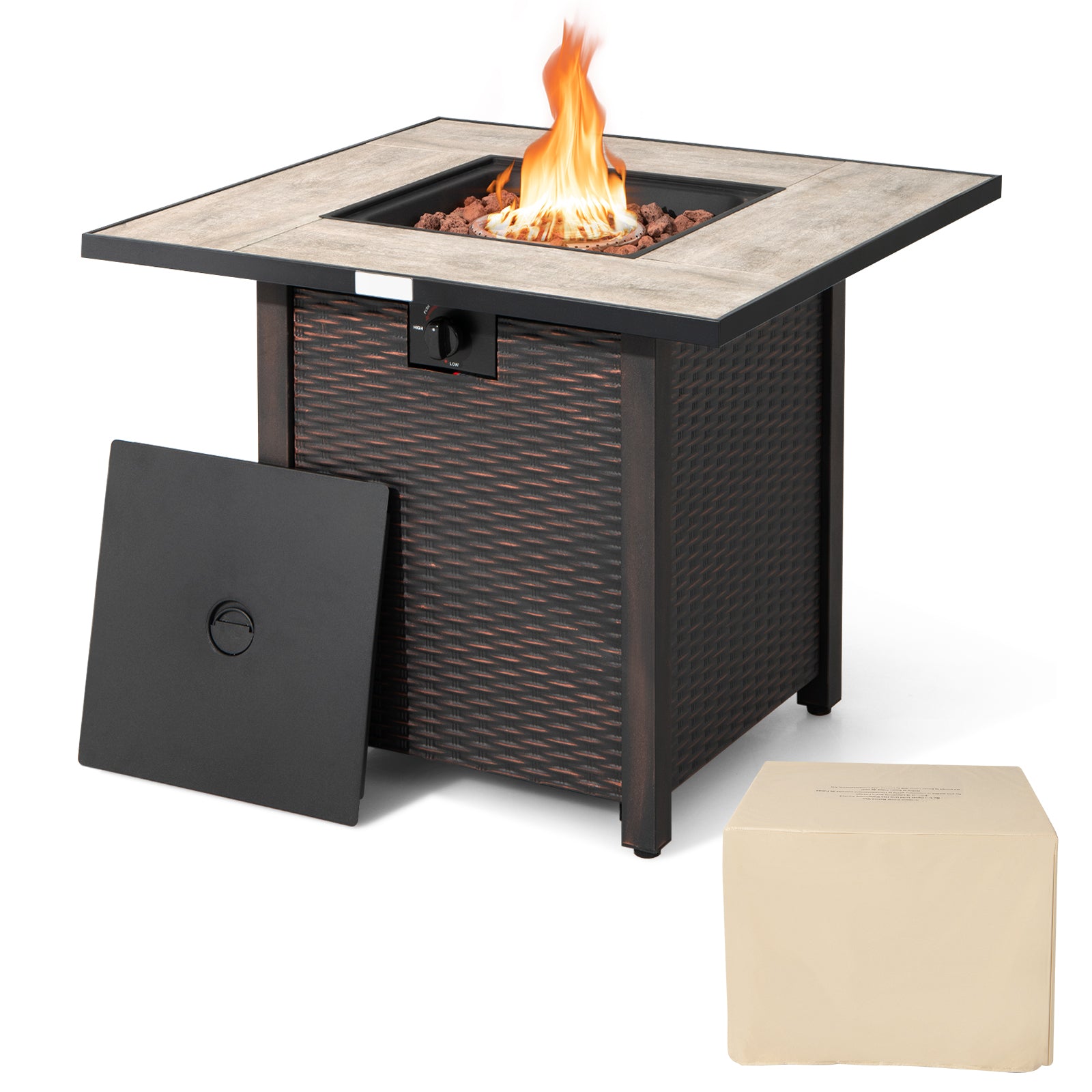 Stylish 30-inch square propane gas fire pit table with ceramic tabletop and beautiful flames, including a cover for the propane tank.