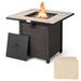 Stylish 30-inch square propane gas fire pit table with ceramic tabletop and beautiful flames, including a cover for the propane tank.