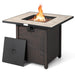 The stylish 30-inch square propane gas fire pit table with ceramic tabletop from Dream Yard Oasis™, showcasing its elegant design and warm flames at an outdoor gathering.