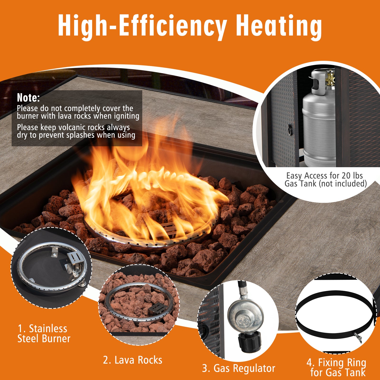 Highlighting key features of the 30-inch square propane gas fire pit table with ceramic tabletop from Dream Yard Oasis™, including a stainless steel burner and easy access for a gas tank.