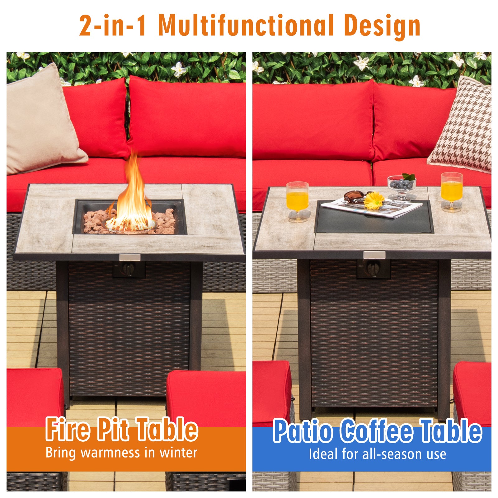 Versatile 30-inch square propane gas fire pit table shown in dual mode as a fire pit and coffee table, perfect for all-season use.