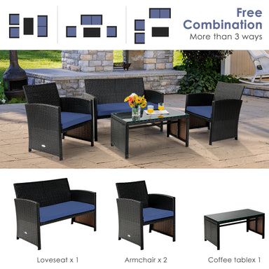 4-Piece Navy Cushioned Rattan Patio Furniture Set featuring a cozy loveseat, two armchairs, and a coffee table, perfect for indoor and outdoor use.