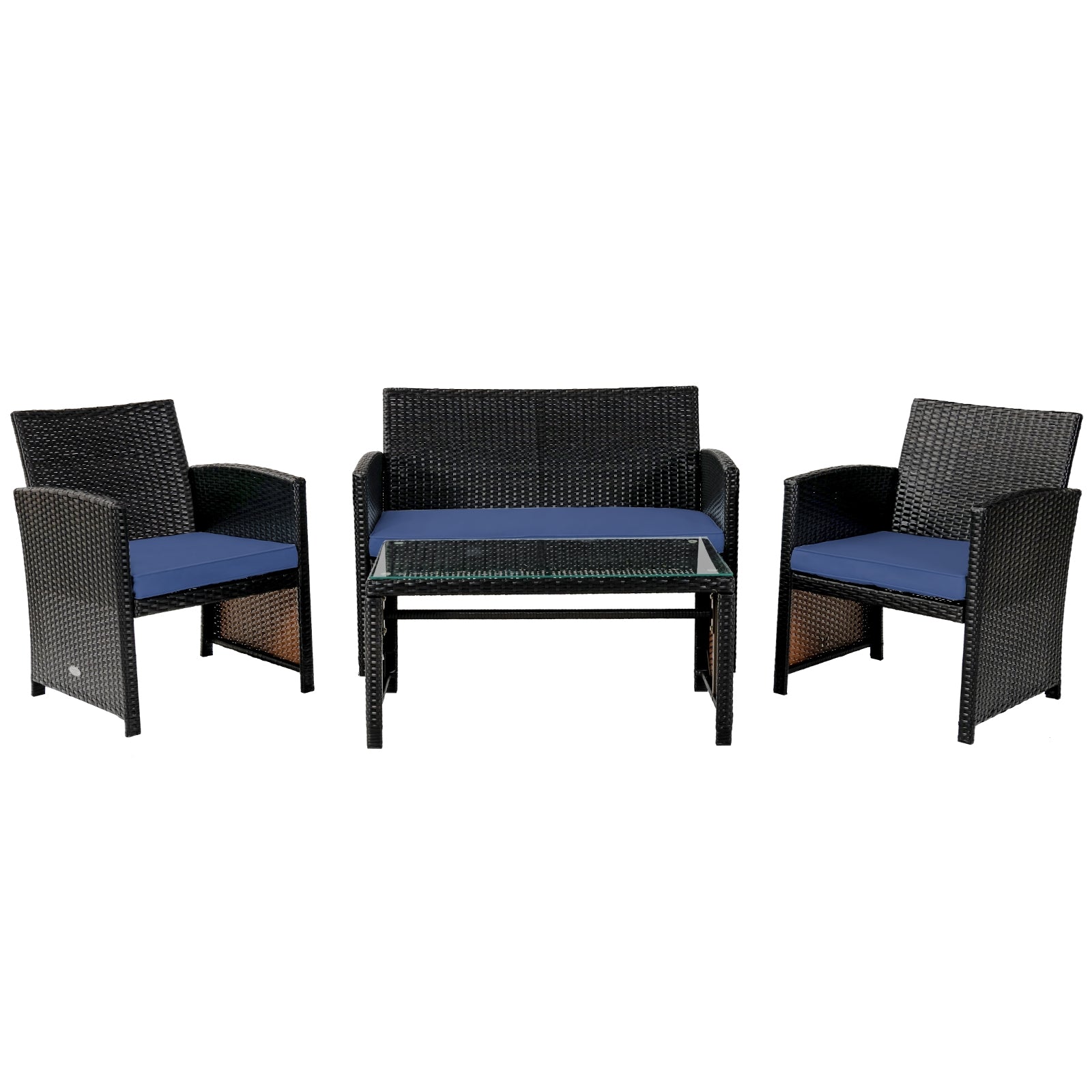 Stylish 4-Piece Navy Cushioned Rattan Patio Furniture Set displayed with a loveseat, two armchairs, and a coffee table, ideal for relaxation.