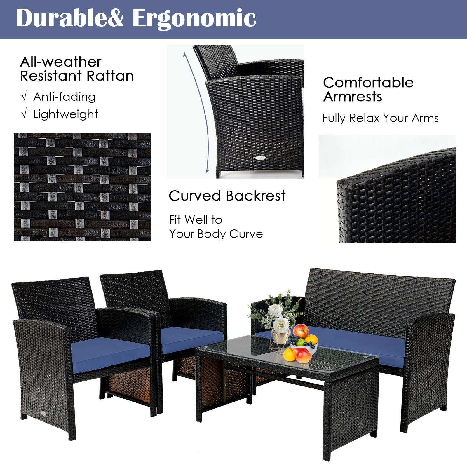 Close-up of the 4-Piece Navy Cushioned Rattan Patio Furniture Set highlighting ergonomic design features like comfortable armrests and a curved backrest.