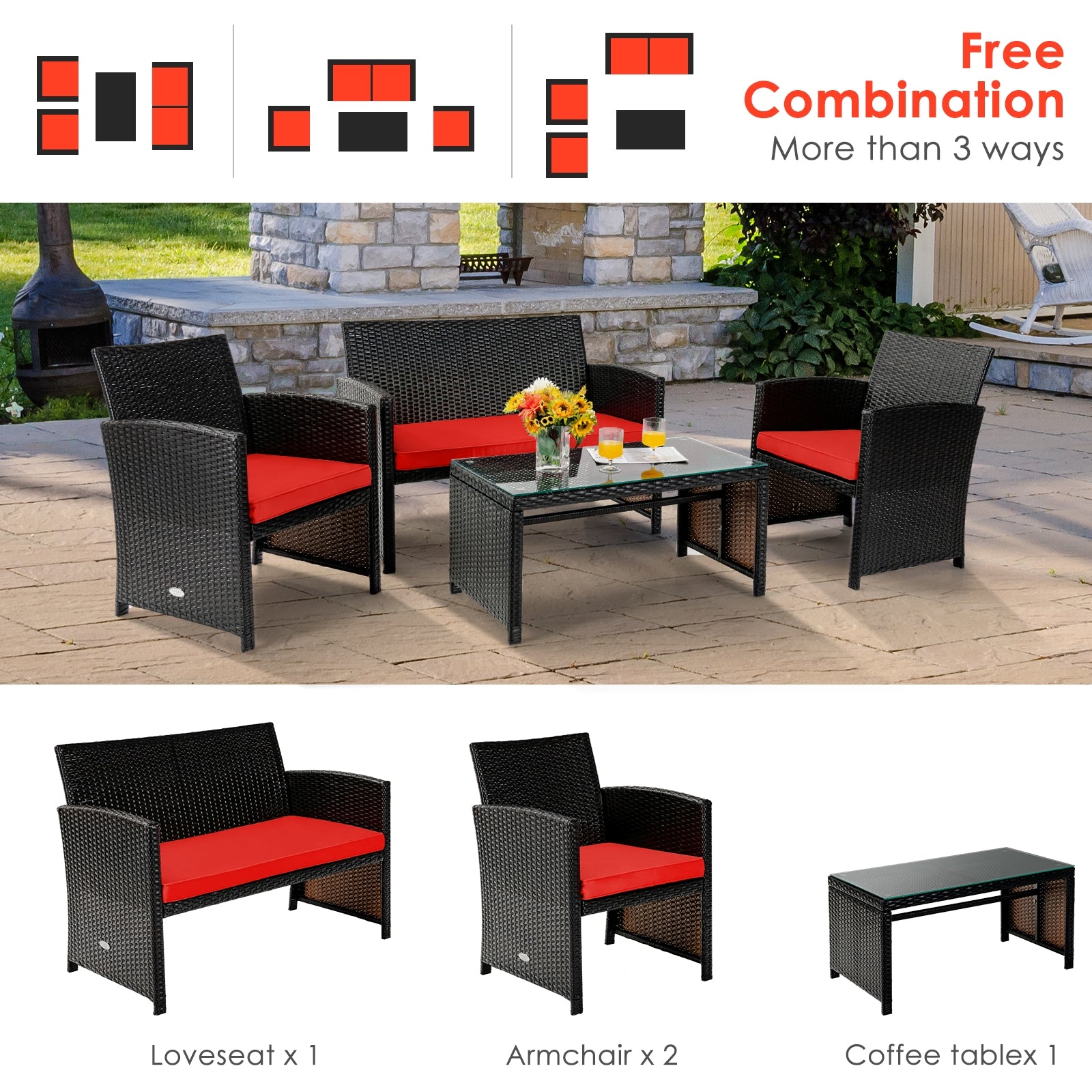 4 Piece Rattan Outdoor Cushion Furniture Set with Red Cushions & Glass Table for Relaxation, showcasing various seating arrangements in an outdoor setting.