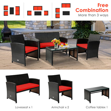 4 Piece Rattan Outdoor Cushion Furniture Set with Red Cushions & Glass Table for Relaxation, showcasing various seating arrangements in an outdoor setting.
