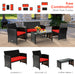 4 Piece Rattan Outdoor Cushion Furniture Set with Red Cushions & Glass Table for Relaxation, showcasing various seating arrangements in an outdoor setting.