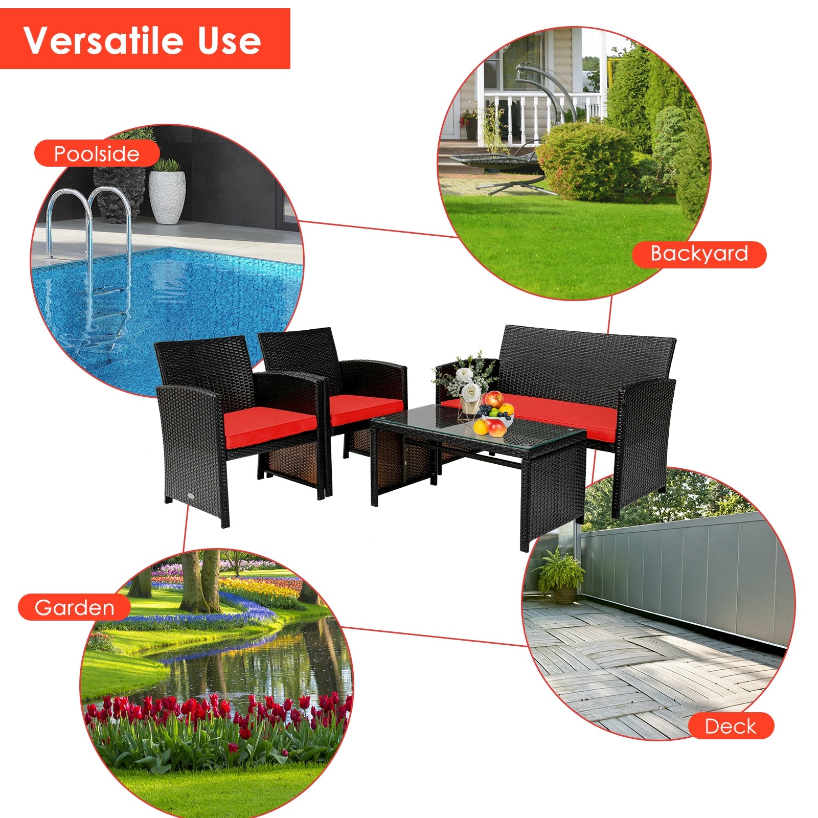 Versatile 4 Piece Rattan Outdoor Cushion Furniture Set with Red Cushions shown in various outdoor settings such as poolside, backyard, and garden.