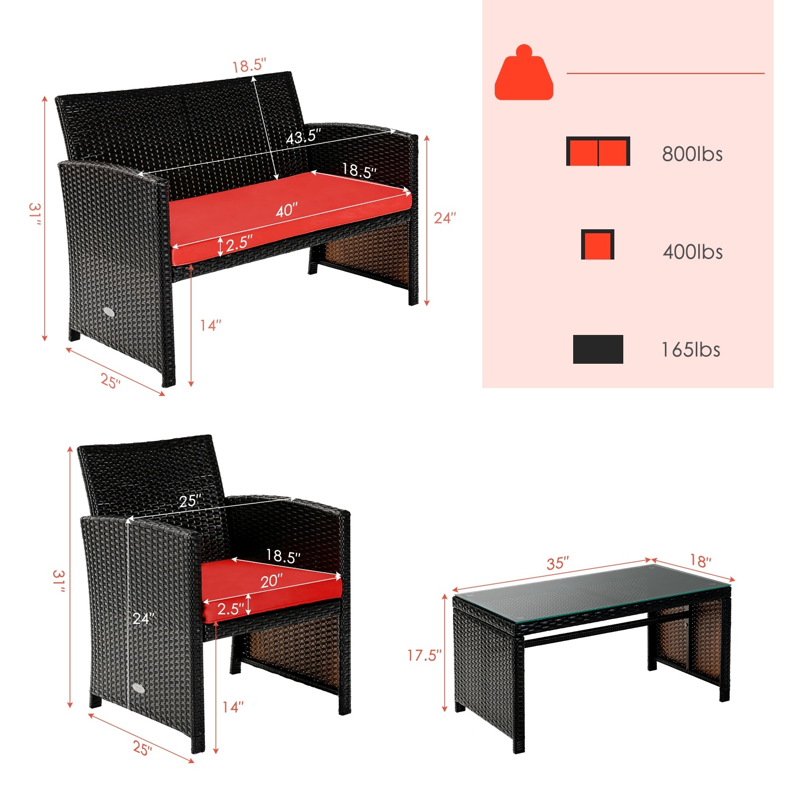 4 Piece Rattan Outdoor Cushion Furniture Set with Red Cushions & Glass Table for Relaxation, detailed illustration with measurements and weight capacities.