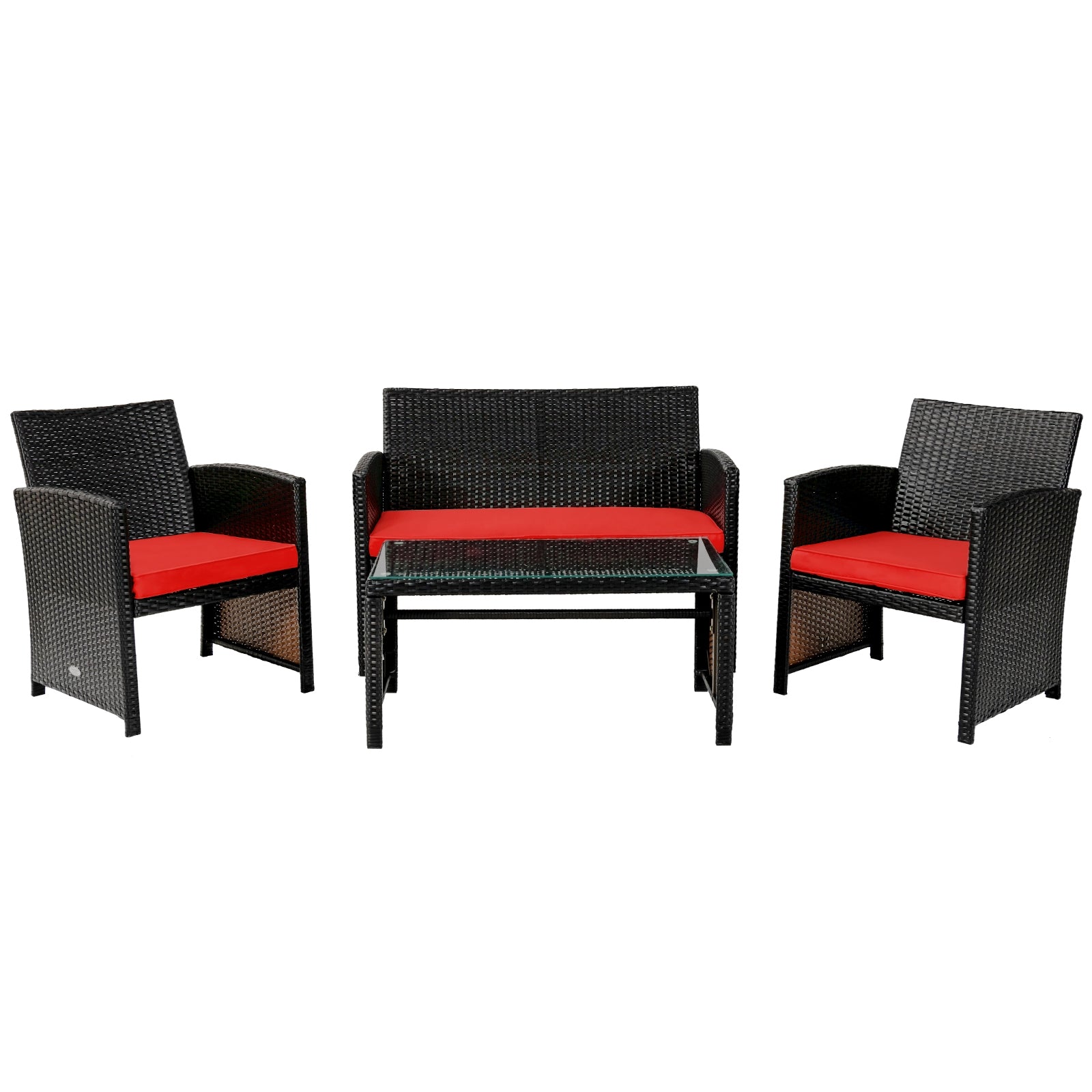 4 Piece Rattan Outdoor Cushion Furniture Set with Red Cushions & Glass Table for Relaxation, featuring a stylish blend of loveseat and chairs.