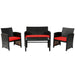 4 Piece Rattan Outdoor Cushion Furniture Set with Red Cushions & Glass Table for Relaxation, featuring a stylish blend of loveseat and chairs.
