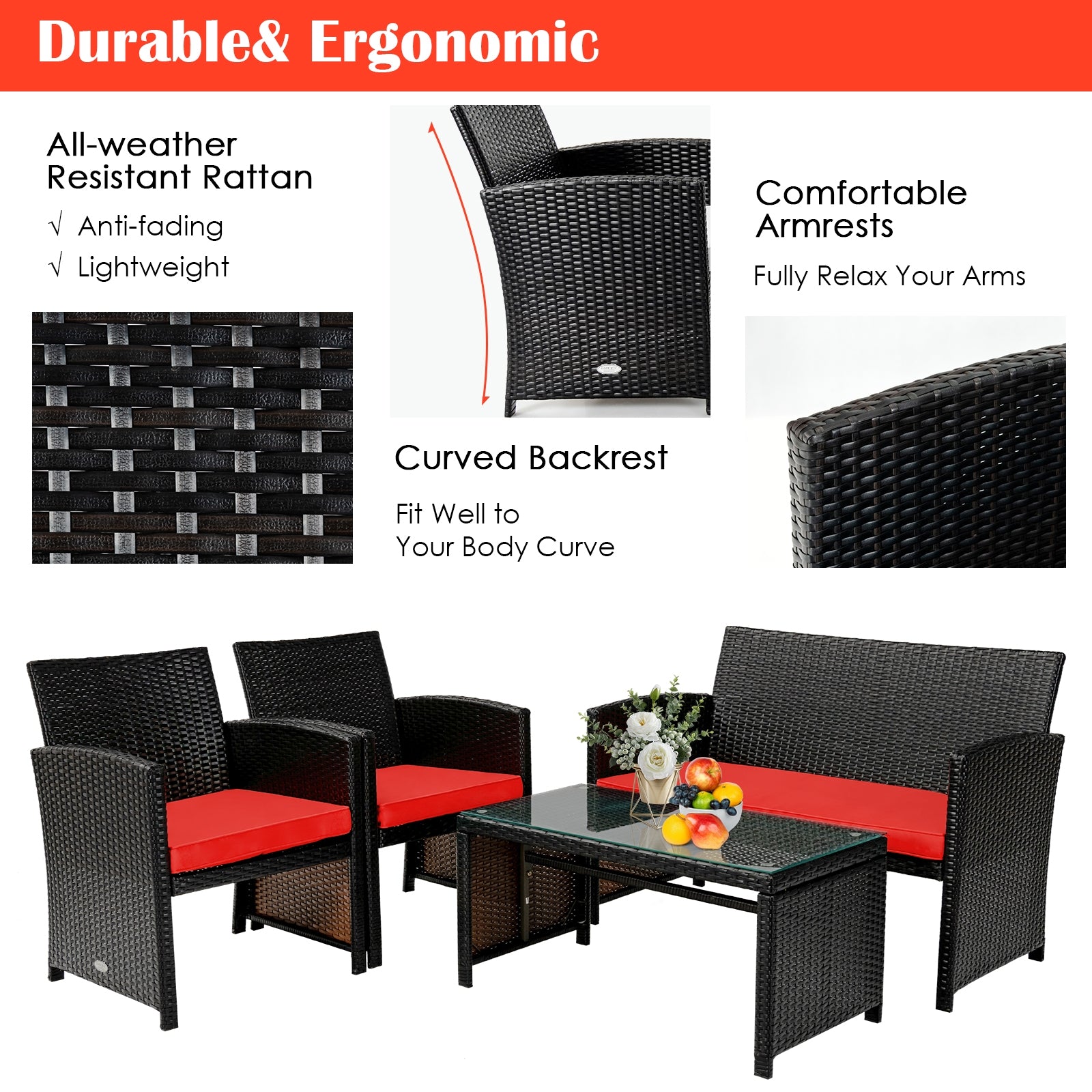 4 Piece Rattan Outdoor Cushion Furniture Set with Red Cushions showcasing durable construction, ergonomic design, and a sturdy glass table for outdoor relaxation.