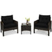 3-Piece Black Rattan Outdoor Patio Conversation Set with Cushions & Glass Table featuring two black cushioned chairs and a matching coffee table, perfect for outdoor relaxation, showcased on a smooth stone surface.
