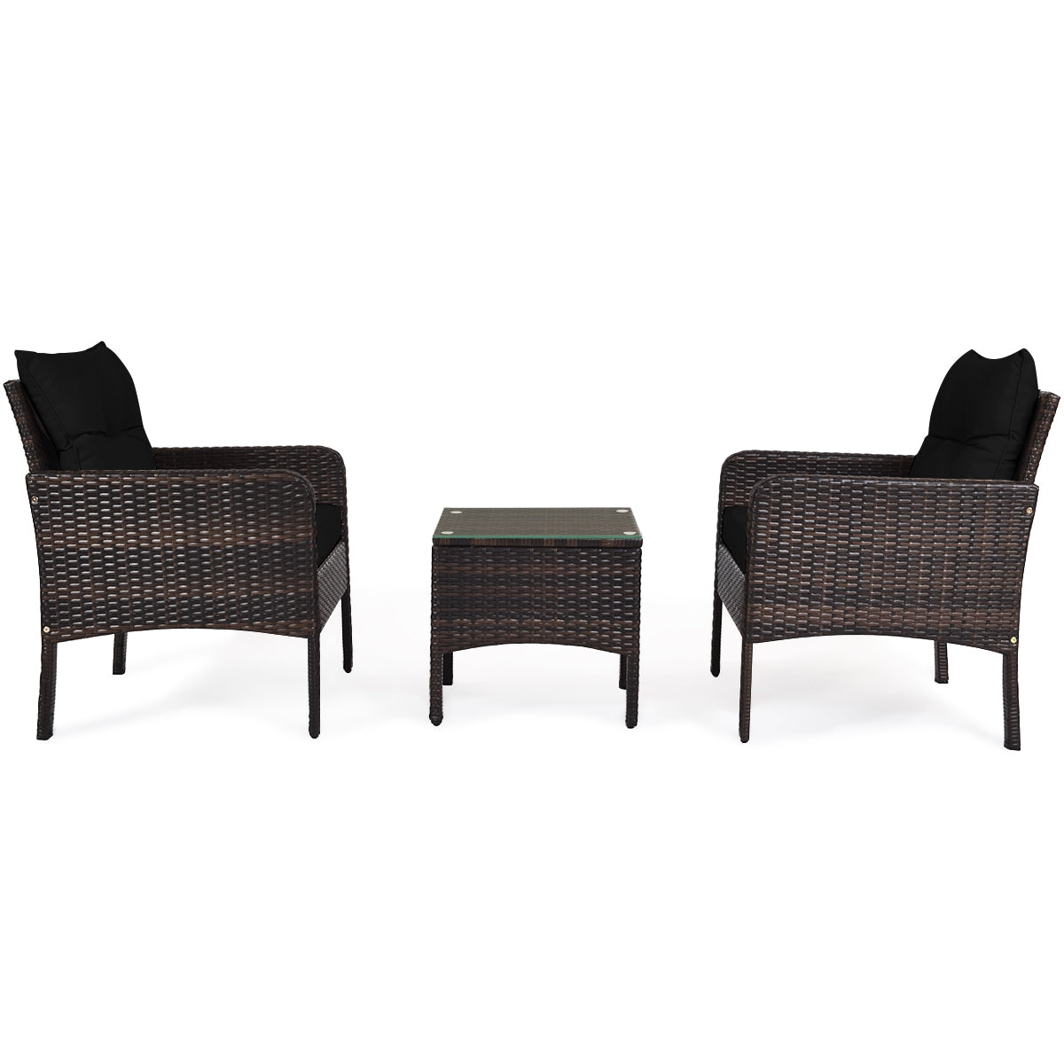 3-Piece Black Rattan Outdoor Patio Conversation Set with Cushions & Glass Table presented with an elegant layout, emphasizing comfort and style.