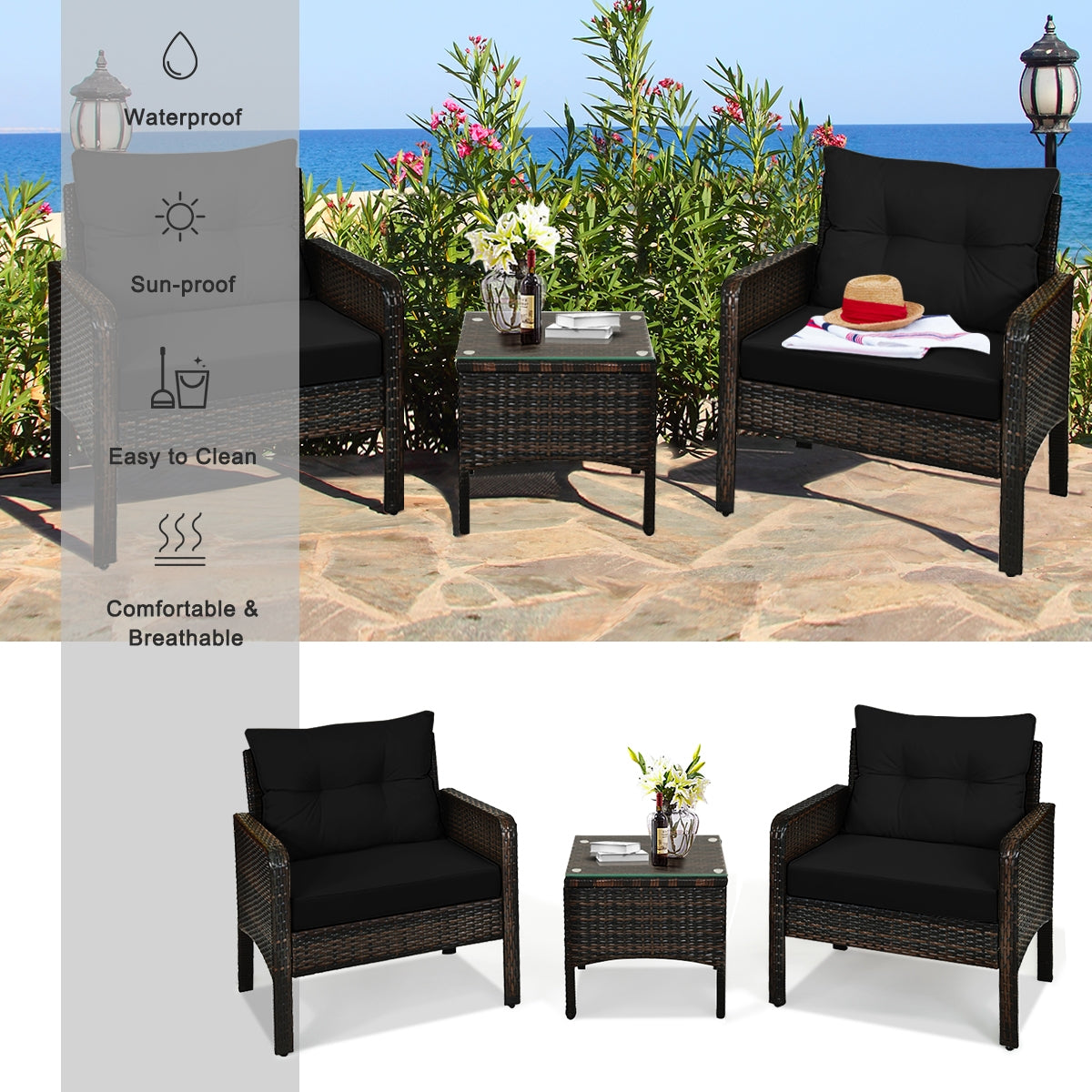 3-Piece Black Rattan Outdoor Patio Conversation Set with Cushions & Glass Table showing key features such as waterproof and breathable materials, set against a seaside backdrop with flowers and decorative items.