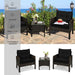 3-Piece Black Rattan Outdoor Patio Conversation Set with Cushions & Glass Table showing key features such as waterproof and breathable materials, set against a seaside backdrop with flowers and decorative items.
