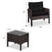 Dimensions of the 3-Piece Black Rattan Outdoor Patio Conversation Set with Cushions & Glass Table highlighted, presenting sizes for the chairs and table, ideal for small outdoor spaces.